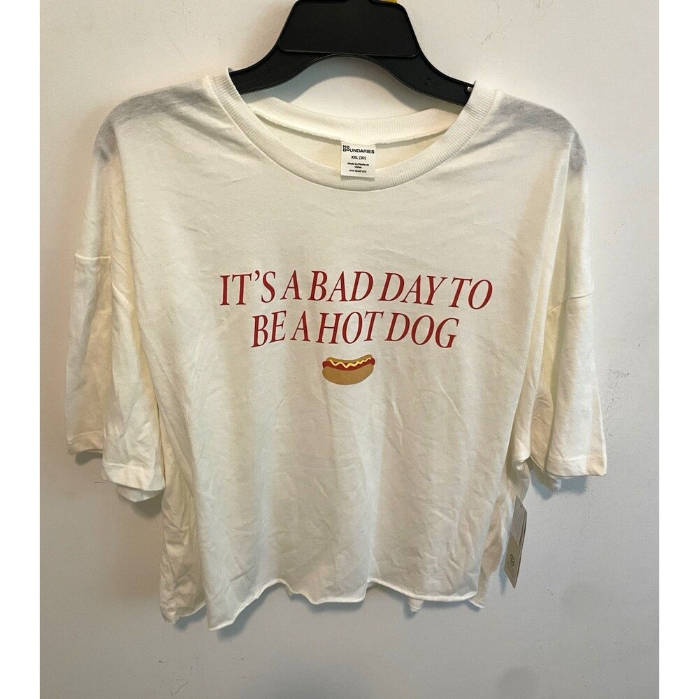 No Boundaries Men’s White Graphic Crew Neck Short Sleeve Cotton Tee 2XL Hot Dog